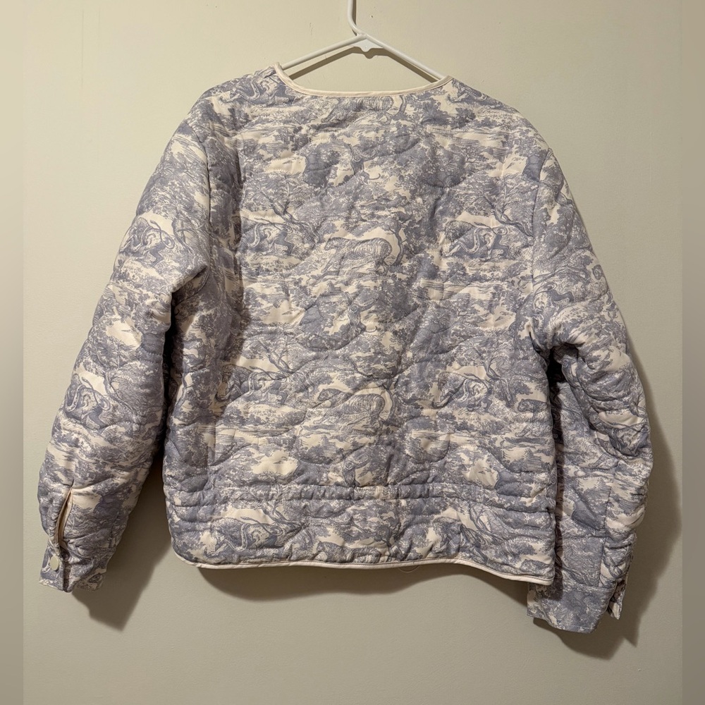 A. Peach Quilted Toile Print Jacket Blue White Snap Front Size L - Picture 5 of 8